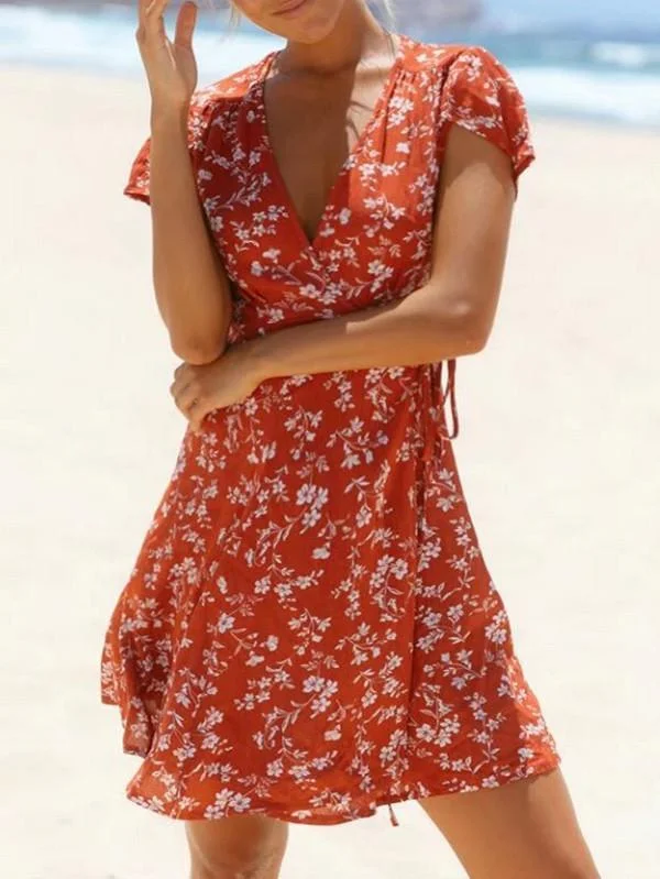 Popular Floral-Print Petal Sleeve Side Lace-Up Mini Dress Classic Floral Print Mini Dress