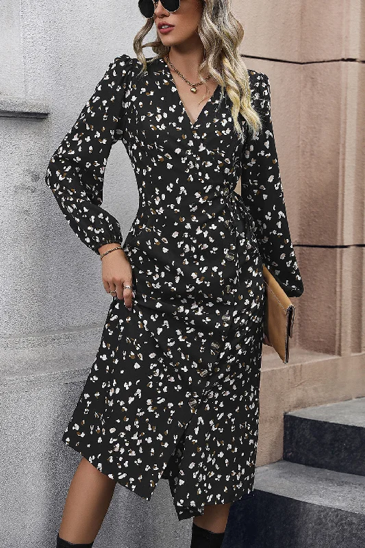 Printed Surplice Neck Long Sleeve Midi Dress Trendy Fit-and-Flare Midi Dress