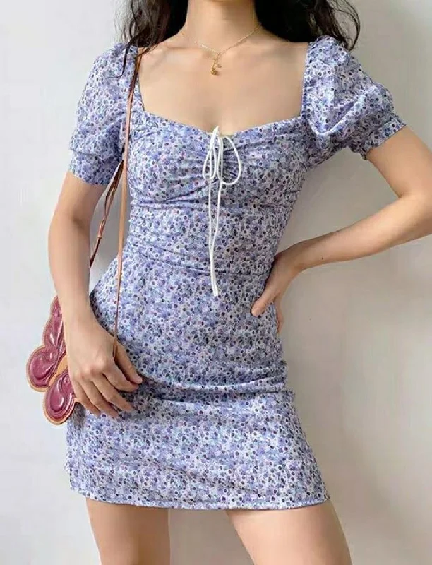 Puff-sleeved Necked Floral Tie Mini Dress Stylish Summer Mini Dress