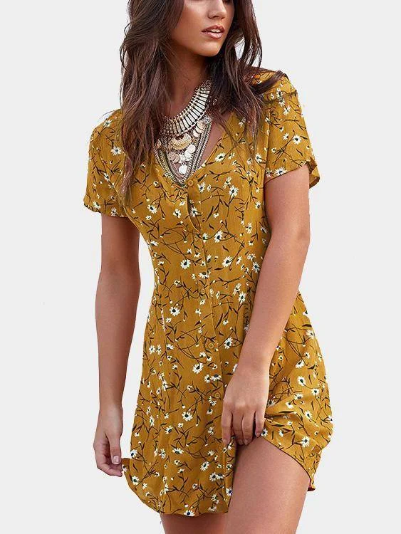 Random Floral Print Button Front Short Sleeves Mini Dress Comfortable Zip-Up Mini Dress