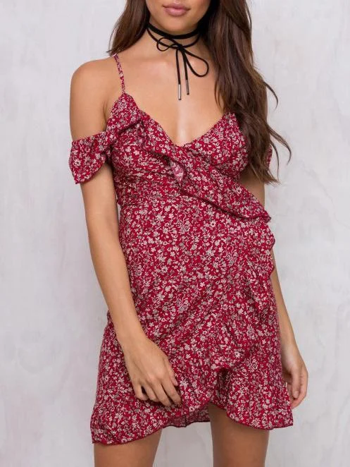 Red Floral Print Spaghetti-neck V-neck Mini Dress Cozy Cowl Neck Mini Dress