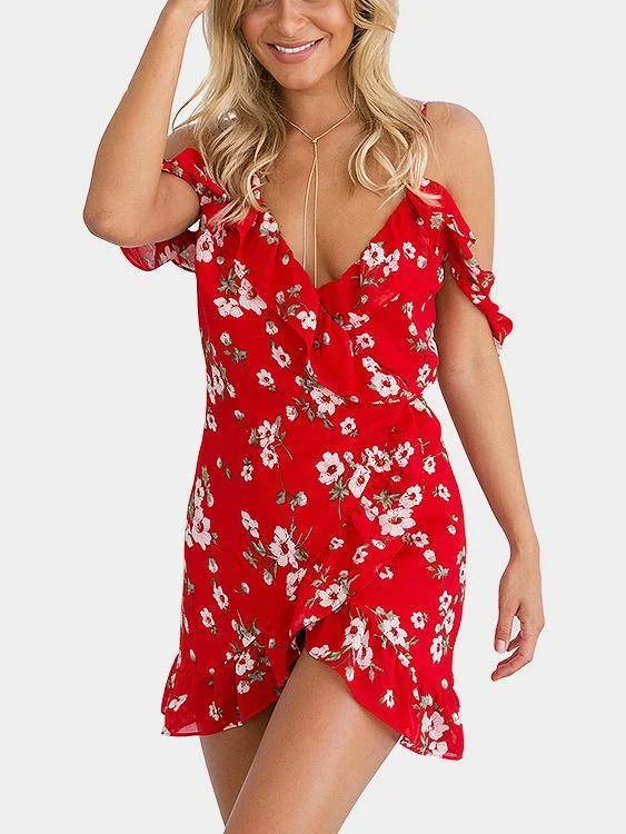 Red Floral Print V Neck Ruffle Cold Shoulder Mini Dress Trendy Wraparound Mini Dress