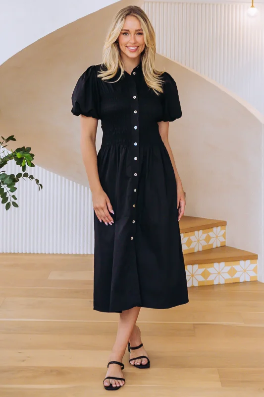 Samantha Midi Dress Black Trendy Off-Shoulder Button Midi Dress