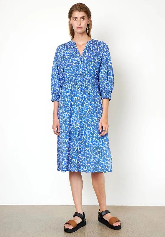 Second Female Dayly Volume Sleeve Shirt Midi Dress, Blue & White Comfortable Floral Print Midi Dress