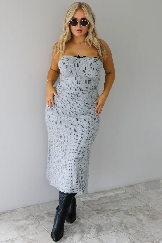 See You Soon Midi Dress: Heather Grey/Black Fashionable Casual Midi Dress