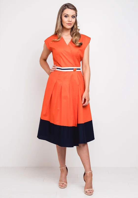 Setre Cotton Wrap Midi Dress, Orange Stylish Color Block Midi Dress