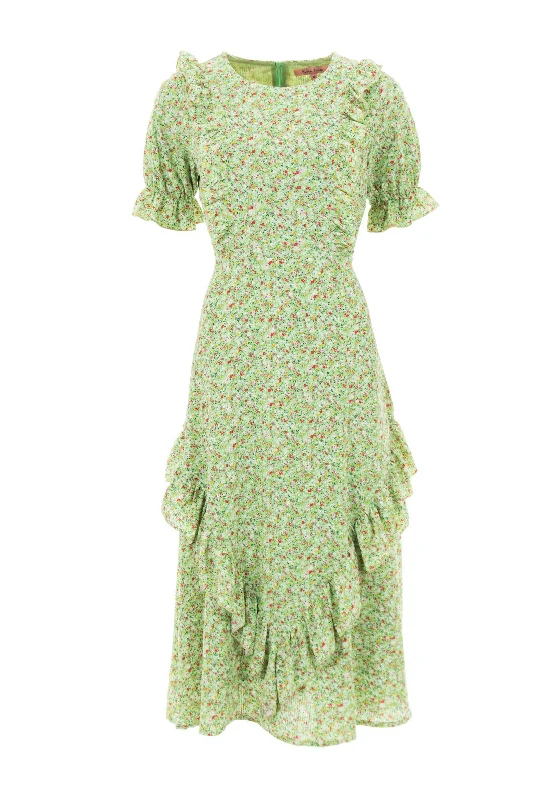 Seventy1 Frilled Ditsy Daisy Midi Dress, Green Multi Trendy Smocked Detail Midi Dress