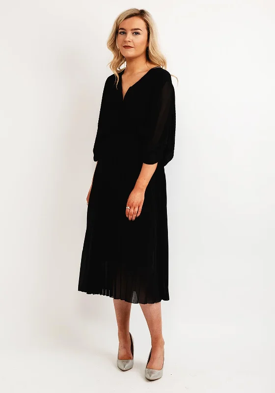 Seventy1 One Size Batwing Pleated Midi Dress, Black Trendy Midi Dress with Belt