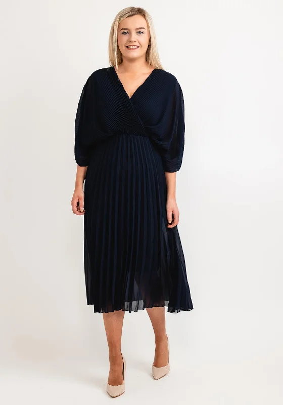 Seventy1 One Size Batwing Pleated Midi Dress, Navy Elegant Satin Midi Dress