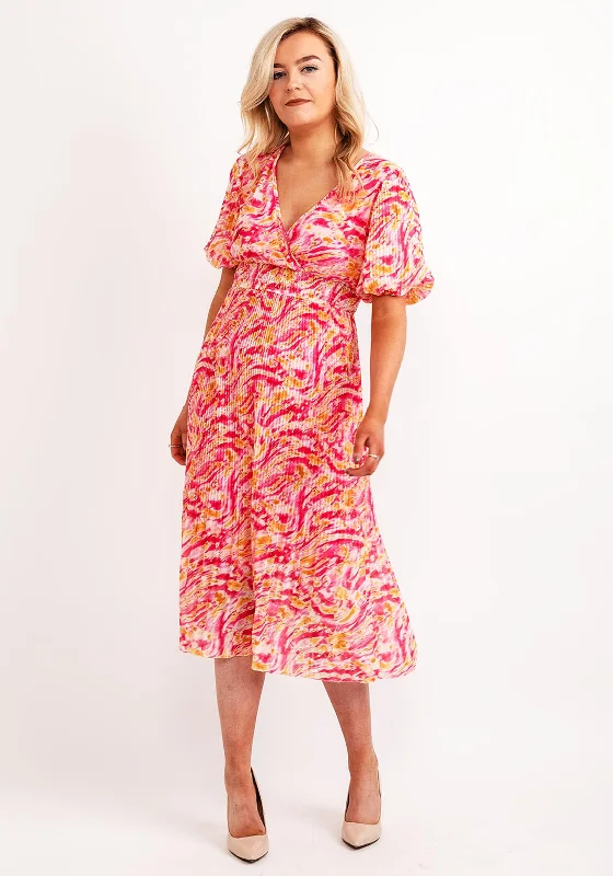 Seventy1 One Size Elasticated Pleated Midi Dress, Pink & Yellow Comfortable Ribbed Midi Dress