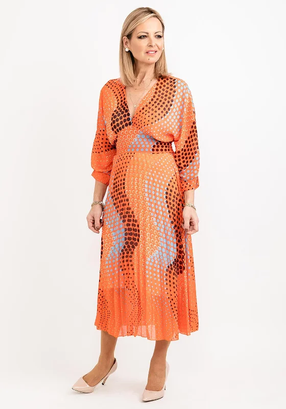 Seventy1 One Size Multi Circle Print Pleated Midi Dress, Orange Multi Stylish Tiered Midi Dress