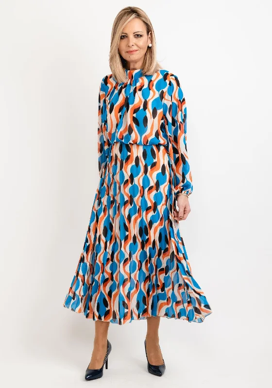 Seventy1 One Size Patterned Blouson Waist Midi Dress, Blue Orange Multi Cozy Wide Strap Midi Dress