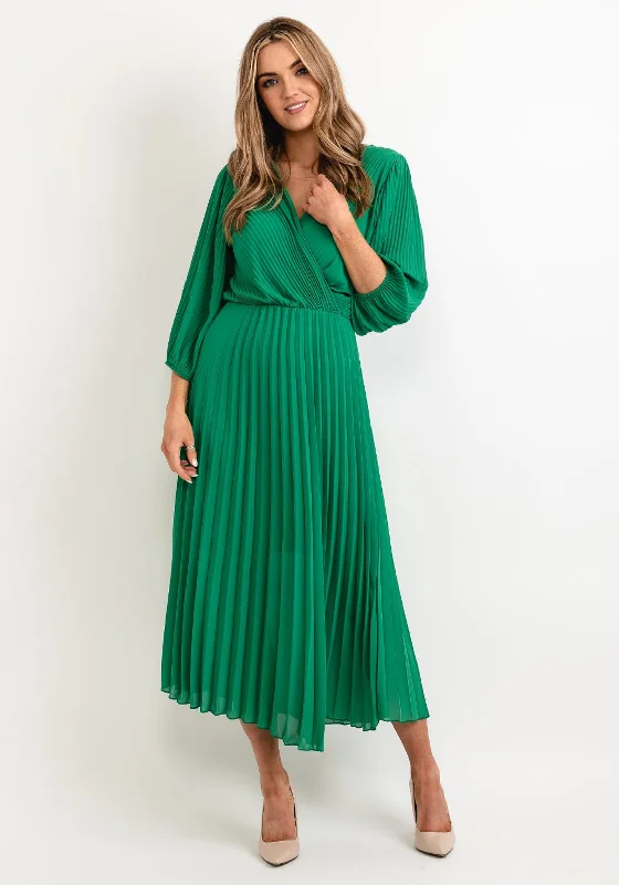 Seventy1 One Size Pleated Wrap Midi Dress, Emerald Green Comfortable Floral Print Midi Dress