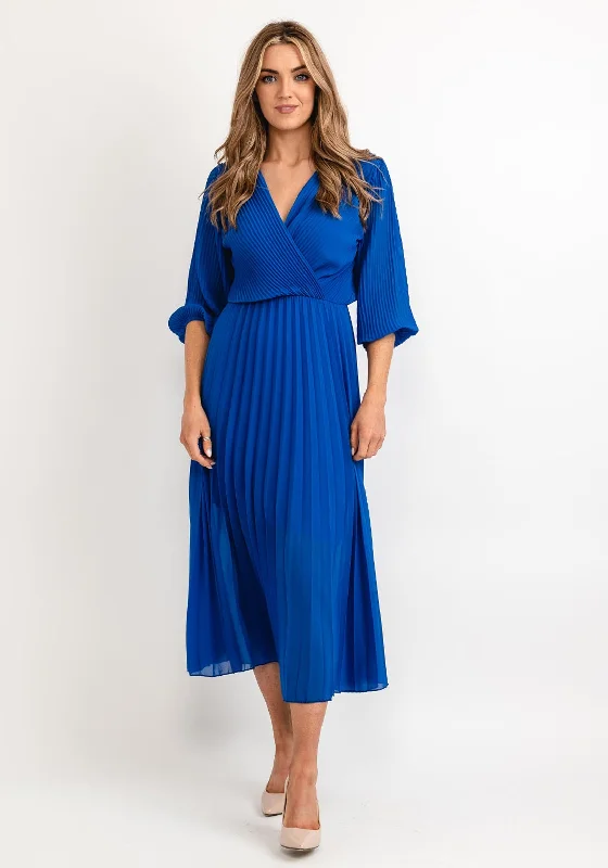 Seventy1 One Size Pleated Wrap Midi Dress, Royal Blue Elegant Pleated Sleeve Midi Dress