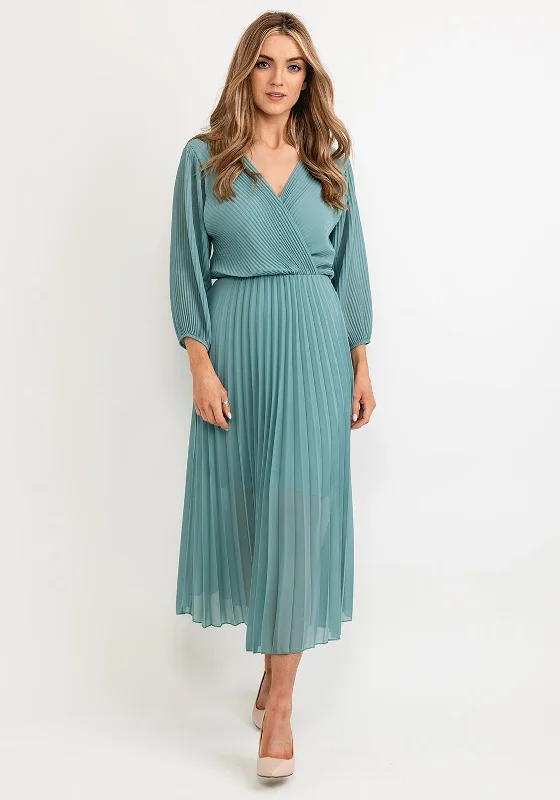 Seventy1 One Size Pleated Wrap Midi Dress, Sage Green Fashionable Skater Midi Dress