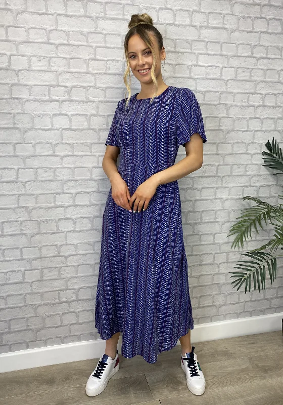 Seventy1 Printed A-Line Midi Dress, Blue Trendy Off-Shoulder Button Midi Dress