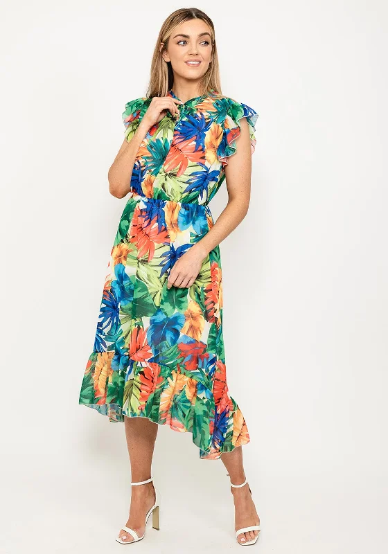 Seventy1 Tropical Floral Midi Dress, Blue Multi Trendy Midi Dress with Belt