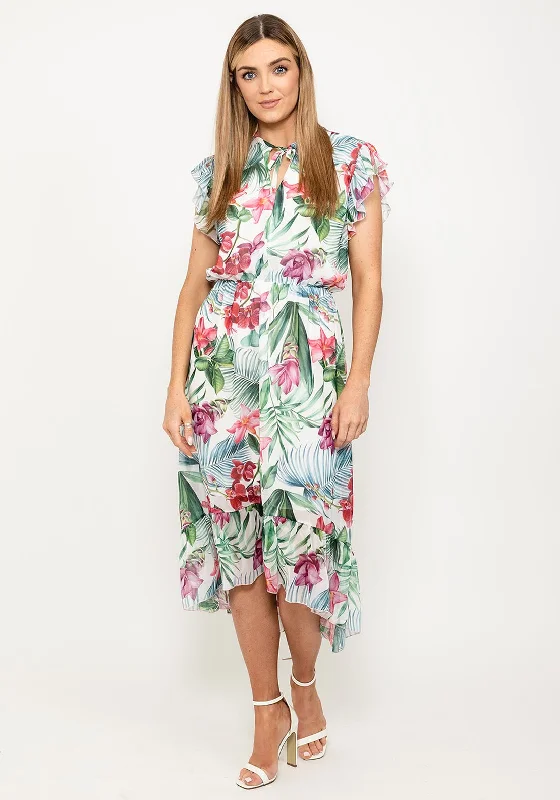 Seventy1 Tropical Floral Midi Dress, White Multi Elegant Sleeveless Midi Dress