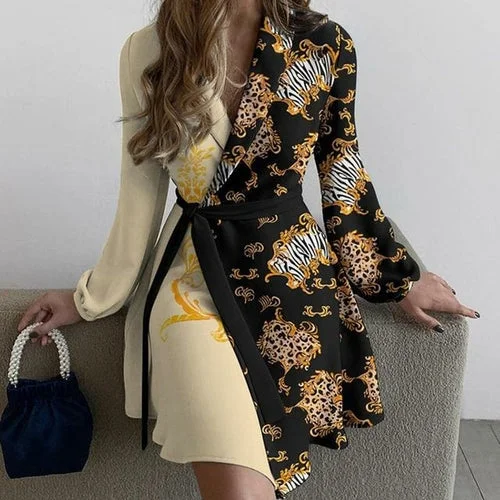 Women V-neck Casual Floral Print  Long Sleeve Mini Dress Trendy Cut-Out Mini Dress