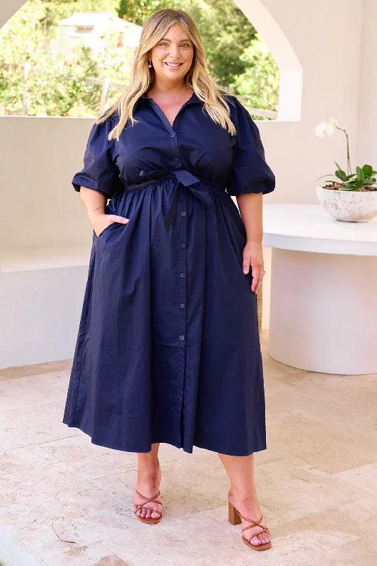 Shannon Midi Dress Navy Trendy Tiered Hem Midi Dress