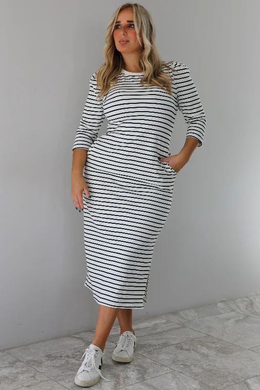 Simple Striped Midi Dress: White/Black Stylish Tiered Midi Dress