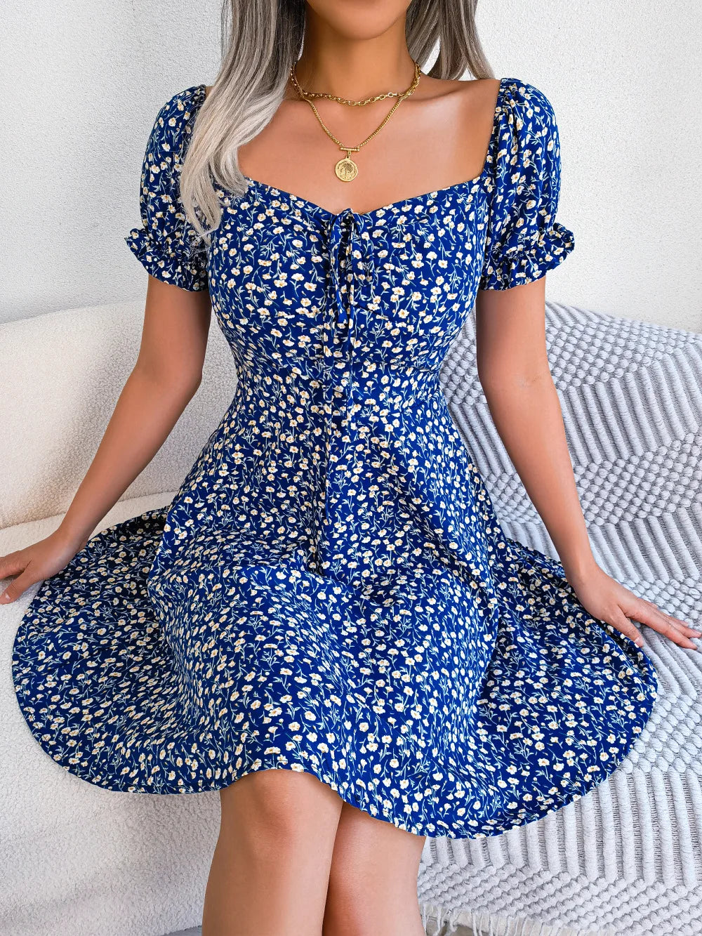 Spring Summer Square Collar Floral Ruffles Mini Dress Women Casual Flare Sleeves Drawstring Lace up Print A Line Dress Classic Shift Mini Dress