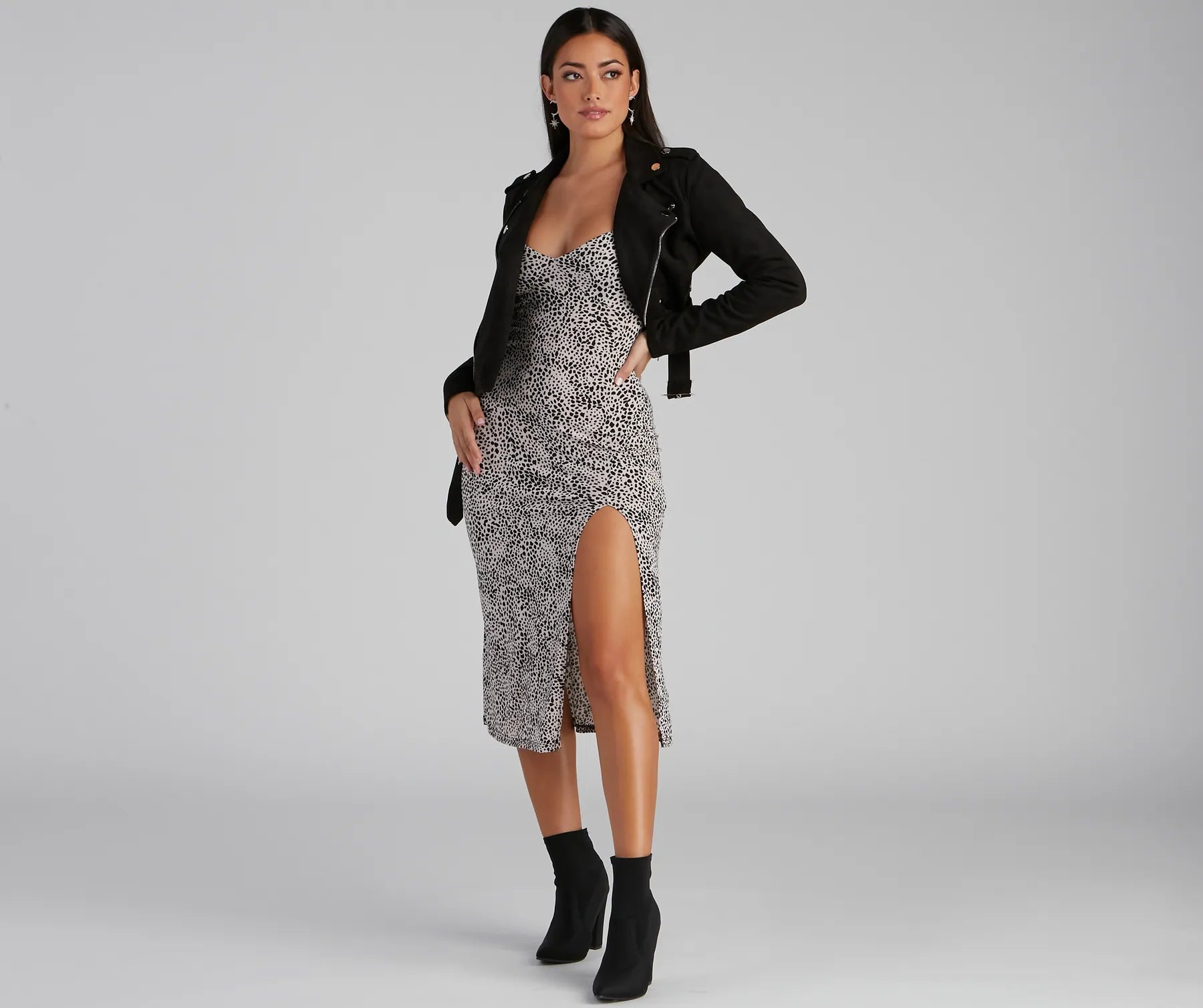 Steal The Spotlight Leopard Slit Midi Dress Comfortable Ruched Midi Dress