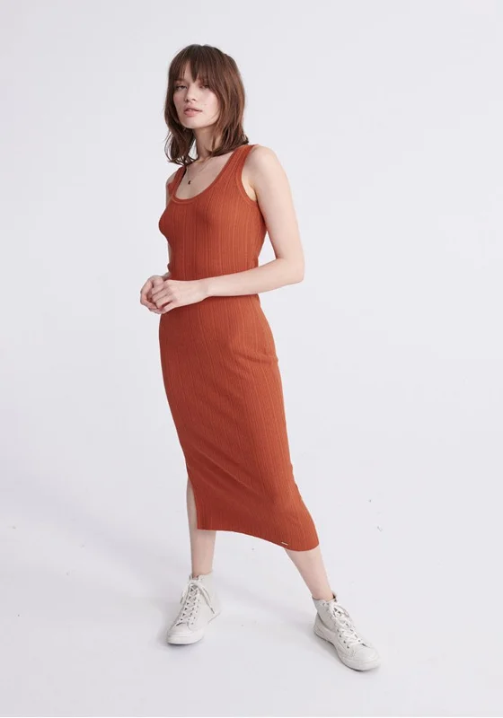 Superdry Womens Sahara Knit Midi Dress, Rust Stylish Vintage Midi Dress