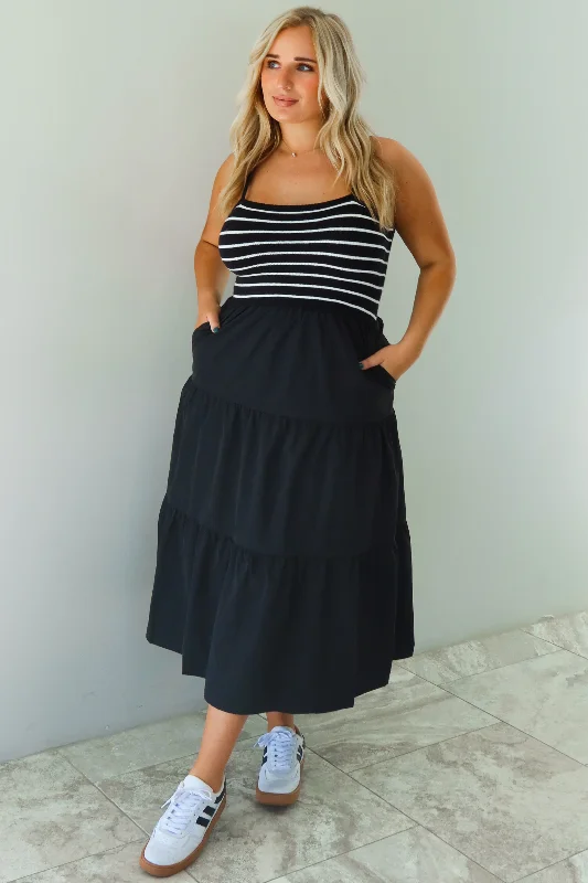 Take Your Time Midi Dress: Black/White Comfortable Draped Midi Dress