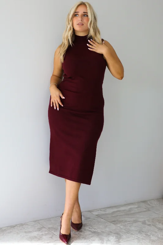 Take Your Time Midi Dress: Burgundy Trendy Fit-and-Flare Midi Dress