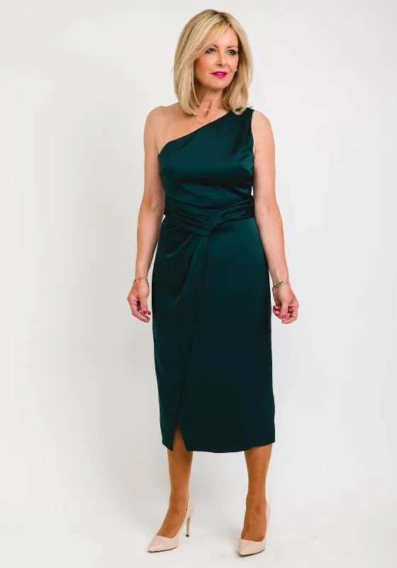 Ted Baker One Shoulder Folded Waist Detail Midi Dress, Dark Green Elegant Satin Slip Midi Dress