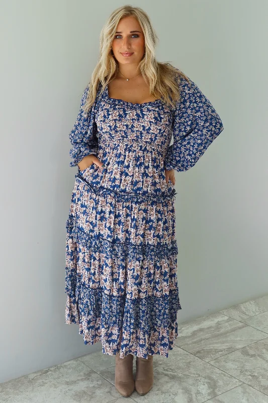 Totally Worth It Midi Dress: Navy/Multi Fashionable Sheer Sleeve Midi Dress