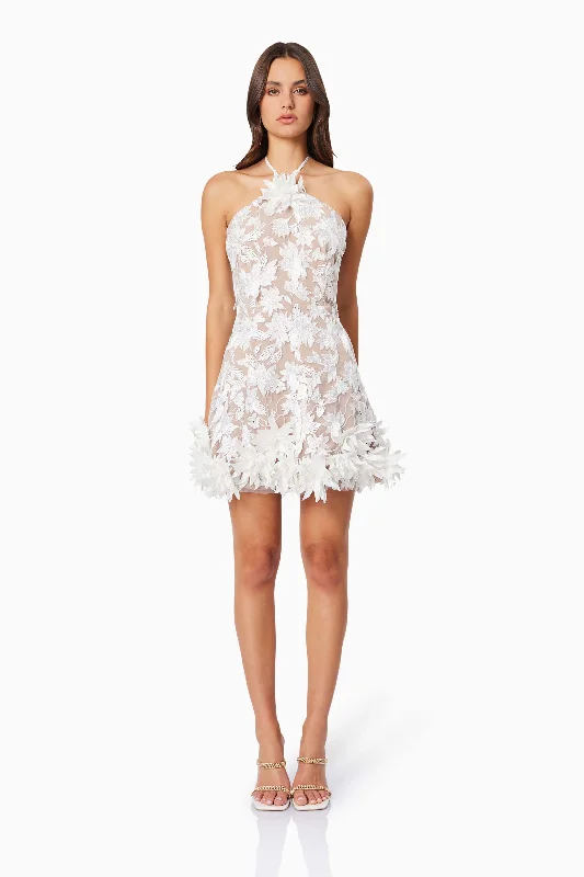 Valentina 3D Floral Mini Dress in White Comfortable Boho Mini Dress