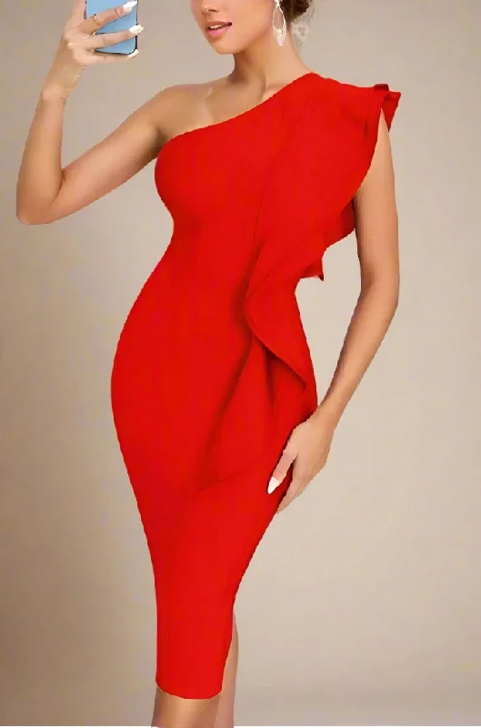 Vera Bandage Midi Dress - Lipstick Red Trendy Tiered Hem Midi Dress