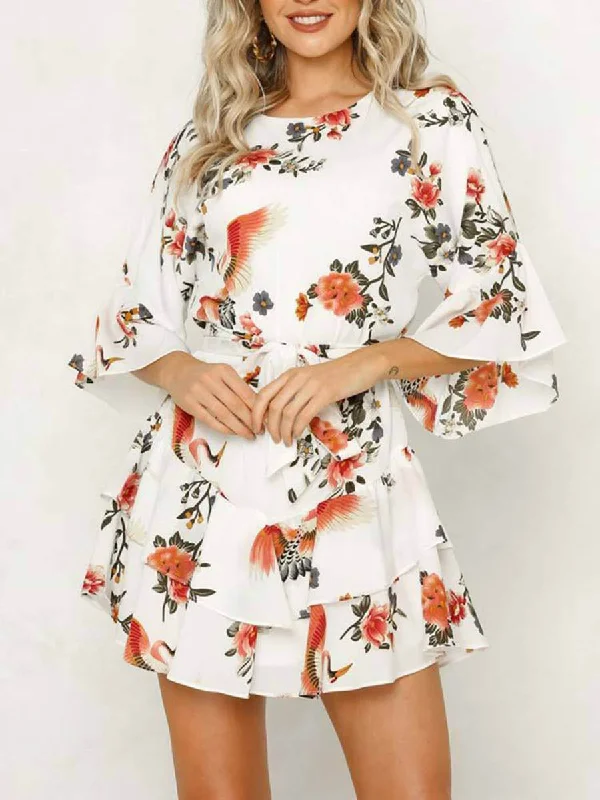 White 3/4 Length Sleeve Floral Pleated Hem Mini Dress Elegant Off-Shoulder Dress Mini