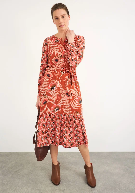 White Stuff Poppy Floral & Cat Print Midi Dress, Salmon Pink Cozy A-Line Midi Dress