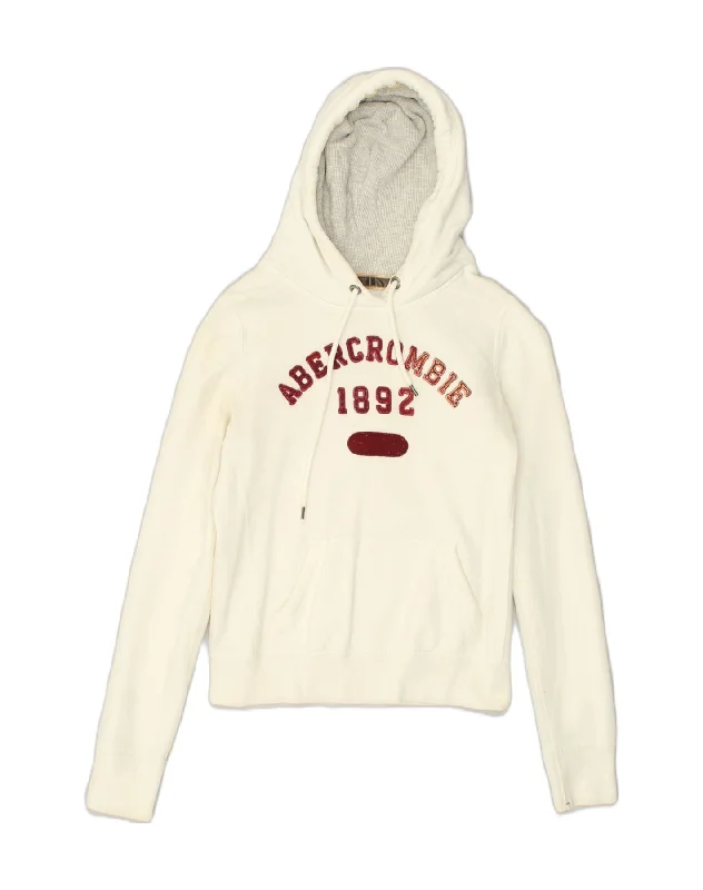 ABERCROMBIE & FITCH Womens Graphic Hoodie Jumper UK 10 Small Off White Hoodie with Pocket Utility Practical