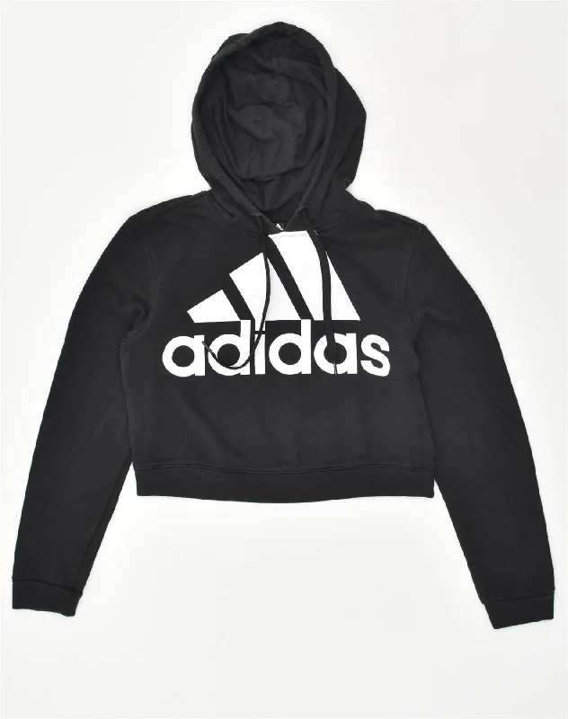 ADIDAS Womens Crop Graphic Hoodie Jumper UK 8-10 Small Black Cotton Hoodie with Slit Hem Functional Movement