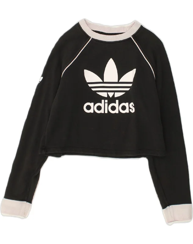 ADIDAS Womens Crop Graphic Sweatshirt Jumper UK 6 XS Black Cotton Hoodie with Color Block Contrast Stylish