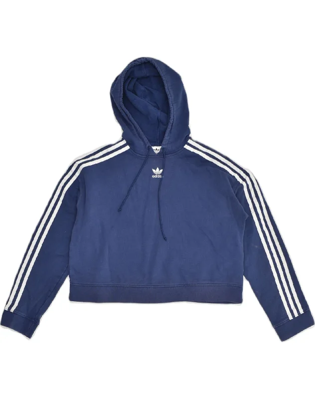 ADIDAS Womens Crop Hoodie Jumper UK 10 Small Navy Blue Cotton Hoodie with Zipper Placket Modern Functional