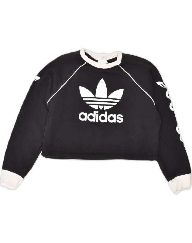 ADIDAS Womens Graphic Crop Sweatshirt Jumper UK 12 Medium  Black Cotton Hoodie with Metallic Shiny Futuristic