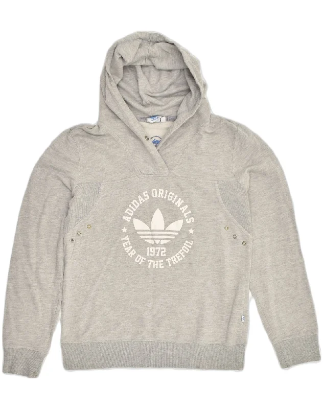 ADIDAS Womens Graphic Hoodie Jumper IT 44  Medium Grey Cotton Hoodie with Puffed Sleeves Voluminous Trendy