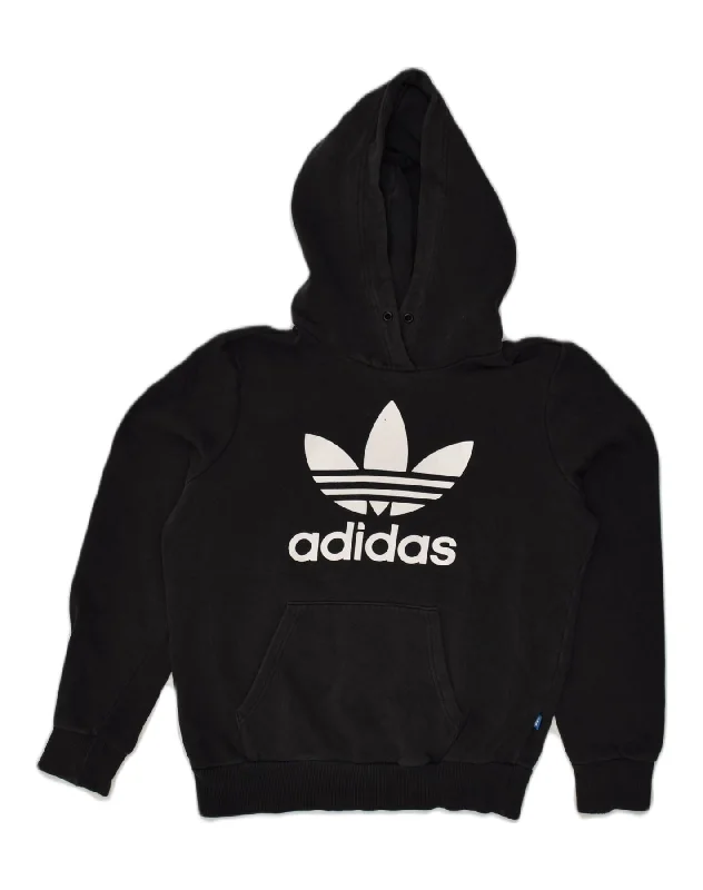 ADIDAS Womens Graphic Hoodie Jumper UK 10 Small Black Cotton Cotton Hoodie Fleece Lining Warmth