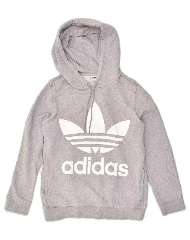 ADIDAS Womens Graphic Hoodie Jumper UK 14 Large  Grey Cotton Hoodie with Raw Hem Edgy Unfinished