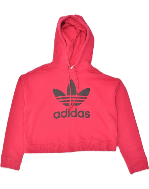 ADIDAS Womens Graphic Hoodie Jumper UK 14 Large Pink Cotton Hoodie with Rhinestones Sparkly Elegant