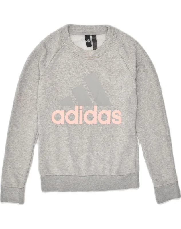 ADIDAS Womens Graphic Sweatshirt Jumper UK 4-6 XS  Grey Cotton Hoodie with Toggle Buttons Decorative Unique