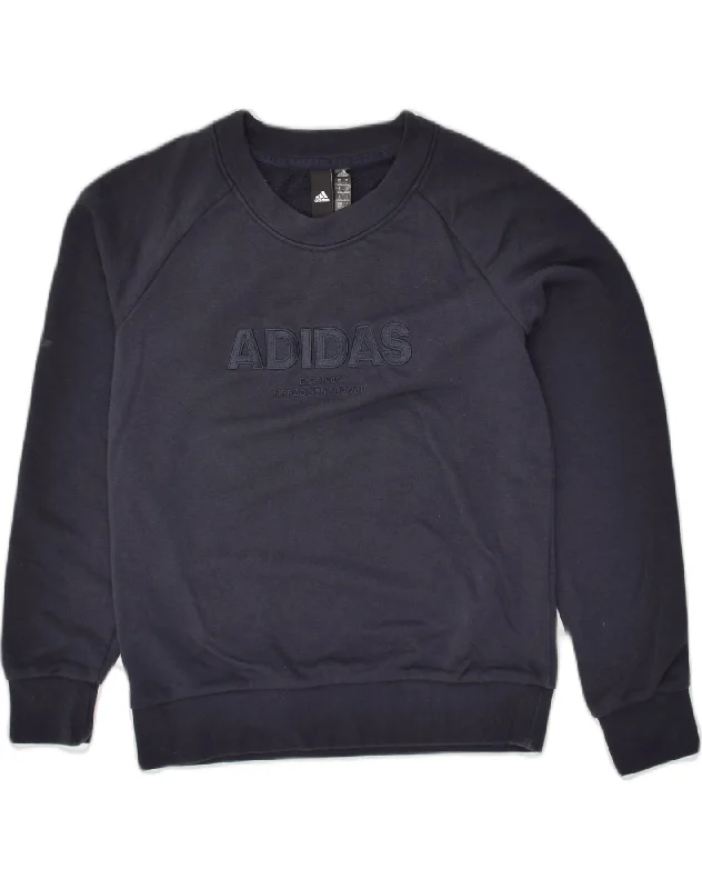 ADIDAS Womens Graphic Sweatshirt Jumper UK 8/10 Small Navy Blue Cotton Hoodie with Hem Lace Feminine Delicate