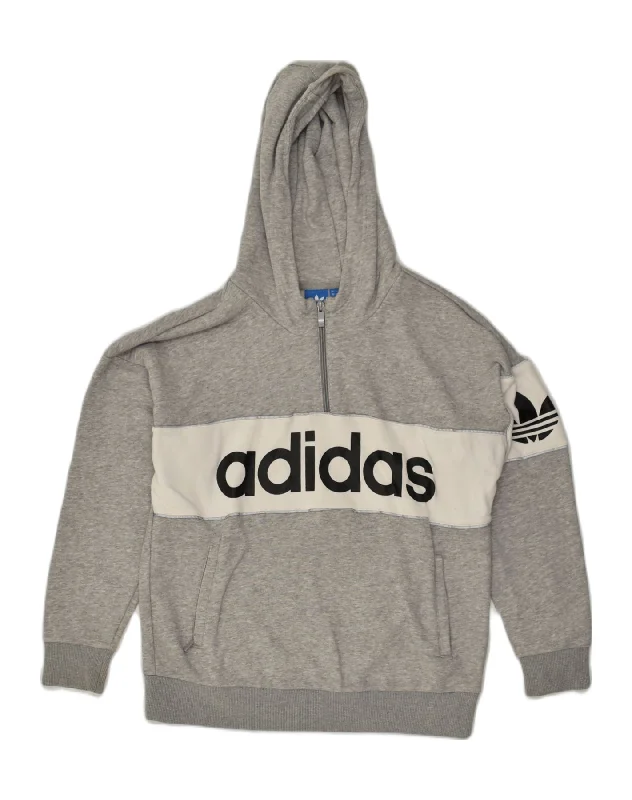 ADIDAS Womens Graphic Zip Neck Hoodie Jumper UK 12 Medium  Grey Cotton Hoodie with Hem Frayed Vintage Worn