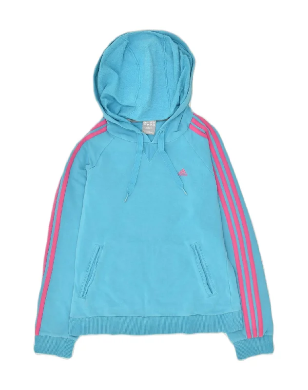 ADIDAS Womens Hoodie Jumper UK 10 Small Blue Cotton Hoodie with Hem Embroidery Detailed Premium