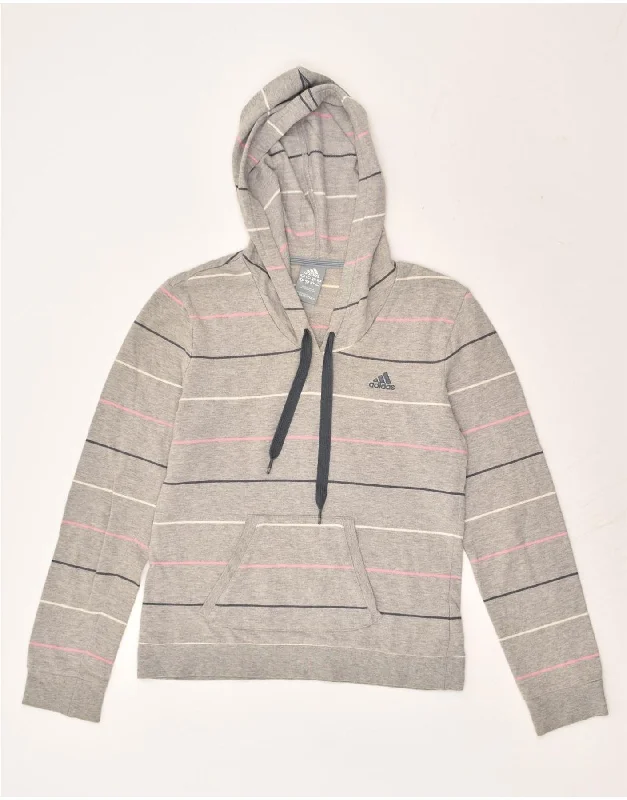 ADIDAS Womens Hoodie Jumper UK 12 Medium Grey Striped Cotton Hoodie with Fur Luxurious Winter